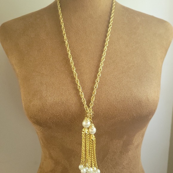Jewelry - Vintage Gold Tone Faux Pearl Tassel Long Rope Chain Necklace 24" Victorian